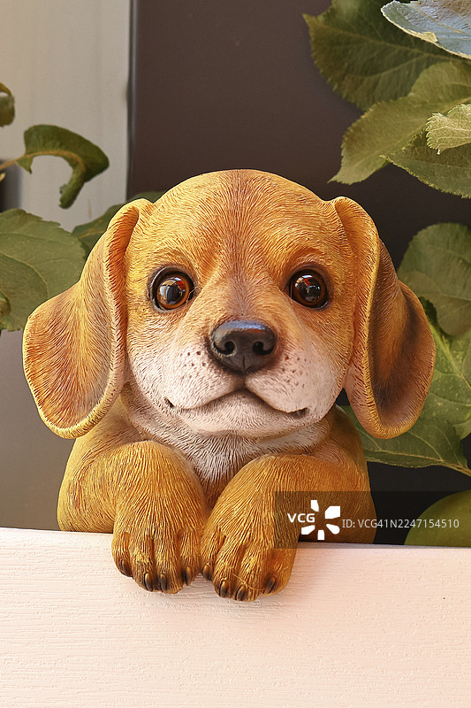 德国北莱茵-威斯特法伦州维尔恩斯多夫，花园里一只陶瓷狗正专注地凝视着图片素材