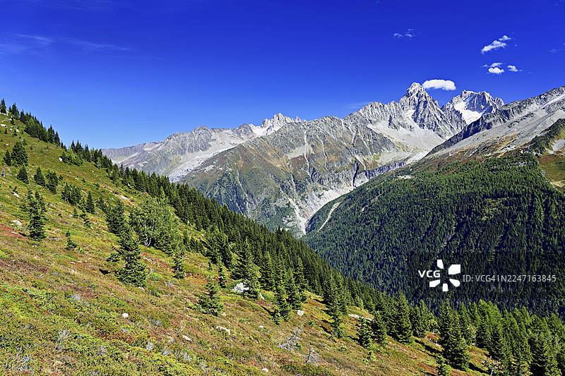 从左前方的霞慕尼冰川,后方是霞慕尼尖峰,右方是夏多内尖峰,前方是阿让蒂耶冰川的山麓,法国上萨瓦省霞慕尼勃朗峰图片素材