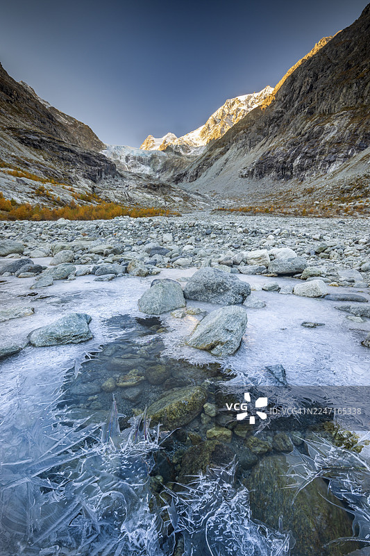 瑞士瓦莱州埃朗斯山谷费尔佩克冰川秋季落叶松和山脉全景下的山间溪流冰体结构图片素材