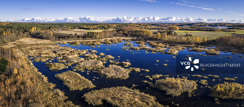 蔚蓝天空下，秋季湖泊与景色的航拍图图片素材