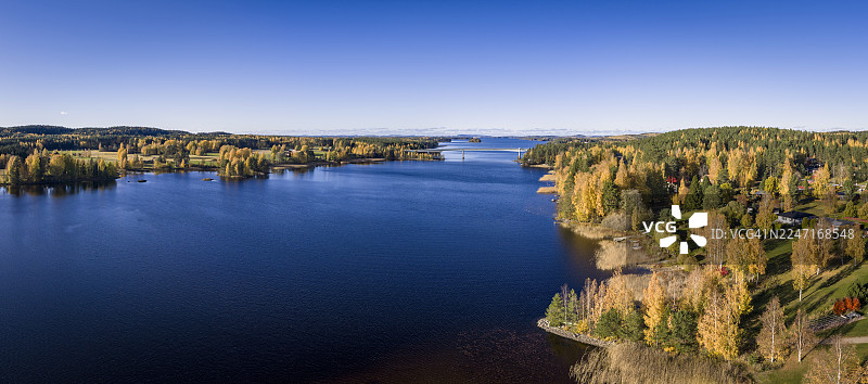 秋季森林环绕的平静湖泊的空中全景，远处有桥梁，天空湛蓝图片素材