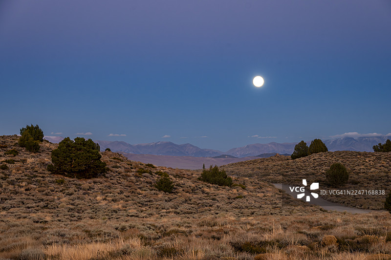 在广阔的沙漠景观之上，一轮满月在晴朗的蓝色夜空中明亮地发光，背景是山脉。马默斯湖，美国，USA图片素材