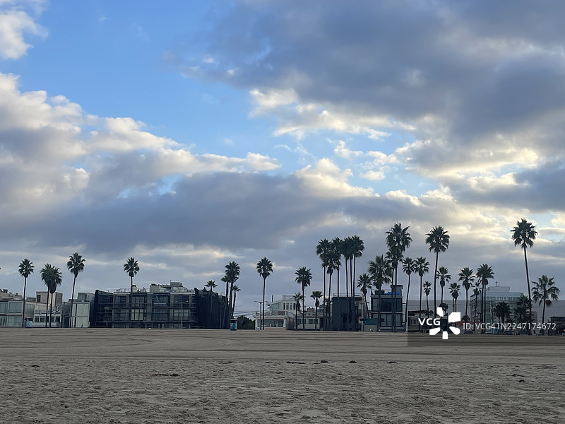 风景照，有棕榈树和建筑物的海滩，天空多云，美国洛杉矶，威尼斯海滩图片素材