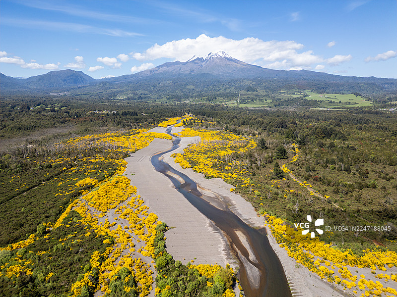 智利普韦拉瓦尔斯的阿尔博科火山与河流图片素材