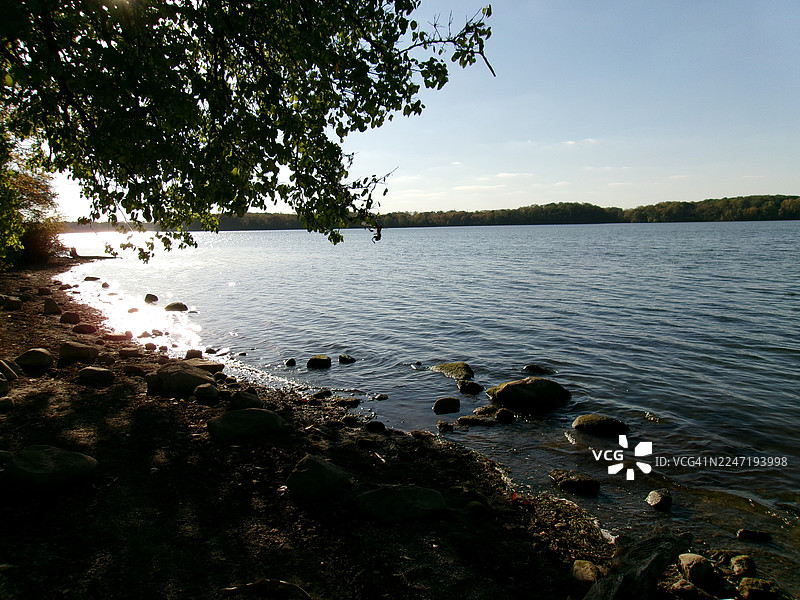 美国塞勒姆宁静湖泊的风景，阳光倒映在水面上，四周环绕着茂密的树木和岩石海岸，天空晴朗图片素材