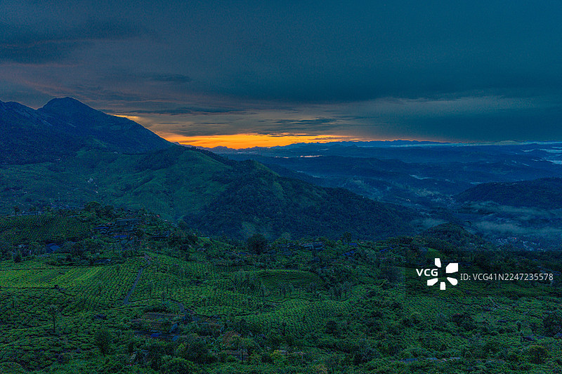 日出时分，喀拉拉邦穆纳尔的云海山谷景观图片素材