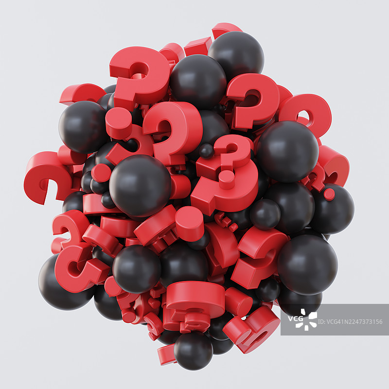问号和球体。红色和黑色。抽象。孤立在背景上。（物体剪裁路径）图片素材