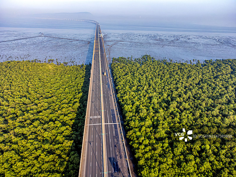 MTHL，即孟买跨海大桥/阿塔尔·比哈里·瓦杰帕伊·塞瓦里·纳瓦·舍瓦·阿塔尔桥，是一座连接孟买及其卫星城新孟买的六车道高架公路桥，也是印度最长的海上桥梁。桥顶可见孟买的天际线。图片素材