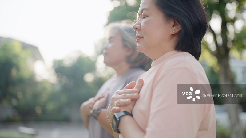 一位亚洲老年女性在空闲时间享受活动，呼吸着清晨的新鲜空气，漫步于清新通风的公园。在洁净的自然环境中悠闲散步，有助于健康独立的生活方式。老龄化社会、生活方式、保险。图片素材