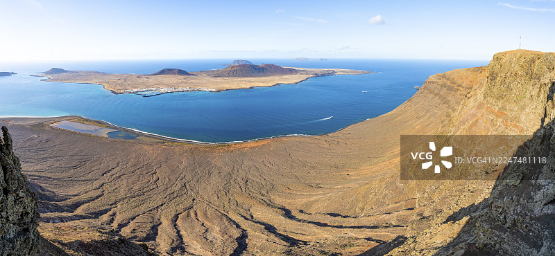 傍晚时分,海边陡峭的悬崖,以及拥有火山坑的拉格拉西奥萨岛,米拉多尔德尔里奥观景点由艺术家塞萨尔·曼里克设计,位于西班牙加那利群岛的兰萨罗特岛图片素材