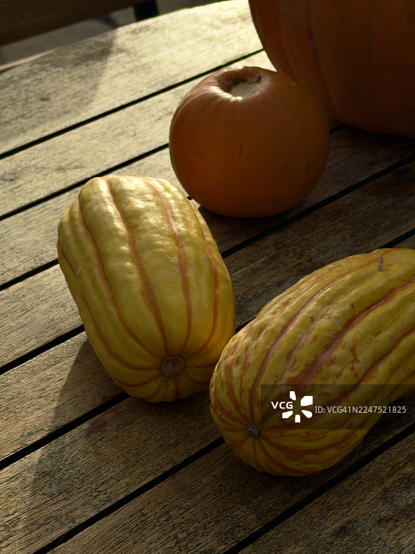 俯视角度拍摄，展示了乡村木桌上摆放的南瓜和条纹葫芦，沐浴在阳光下图片素材