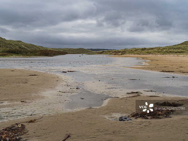 沙丘和河流下的海滩风景，天空多云图片素材