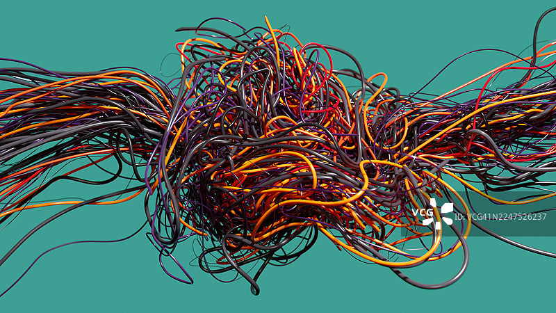 多彩的缠绕电线以抽象的电缆混乱和充满活力的纠缠形式，在蓝绿色背景上迸发图片素材