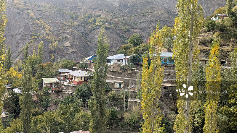 高角度俯视乡村山坡上的房屋和树木图片素材