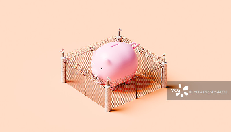 带刺铁丝网和摄像头后面的粉色存钱罐 - 安全概念图片素材