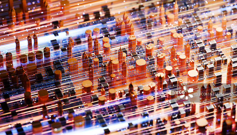 人工智能概念：数据流中的AI城市天际线图片素材