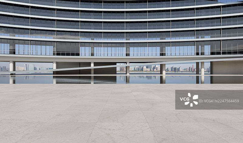 带有玻璃幕墙、滨水区和大理石广场的曲线型现代建筑图片素材