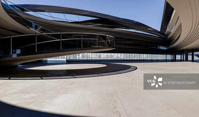 现代建筑结构，具有曲线形态、螺旋走道和大理石广场图片素材
