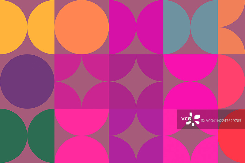 背景，充满活力的复古风格几何图案，带有彩虹色重叠圆圈。图片素材