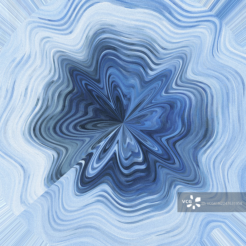 背景：令人着迷的蓝色万花筒图案，带有波浪形的同心线，在中心形成星形。图片素材