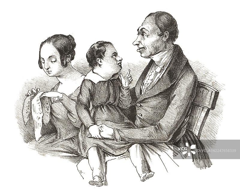 一家三口的肖像，其中一个孩子被画成漫画形象图片素材