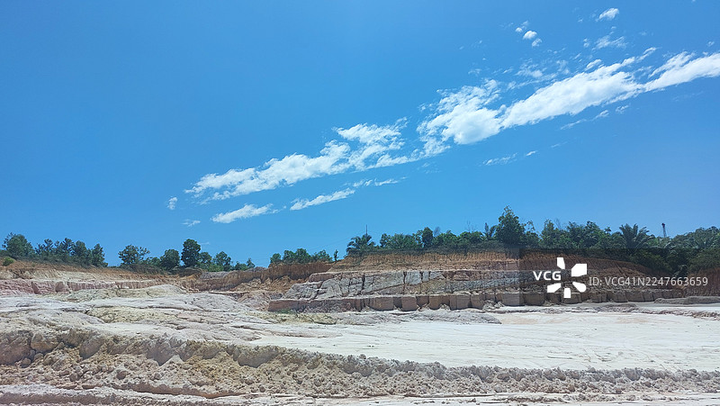晴朗的午间风景，有沙质的挖掘场地、蔚蓝的天空和远处的森林背景图片素材