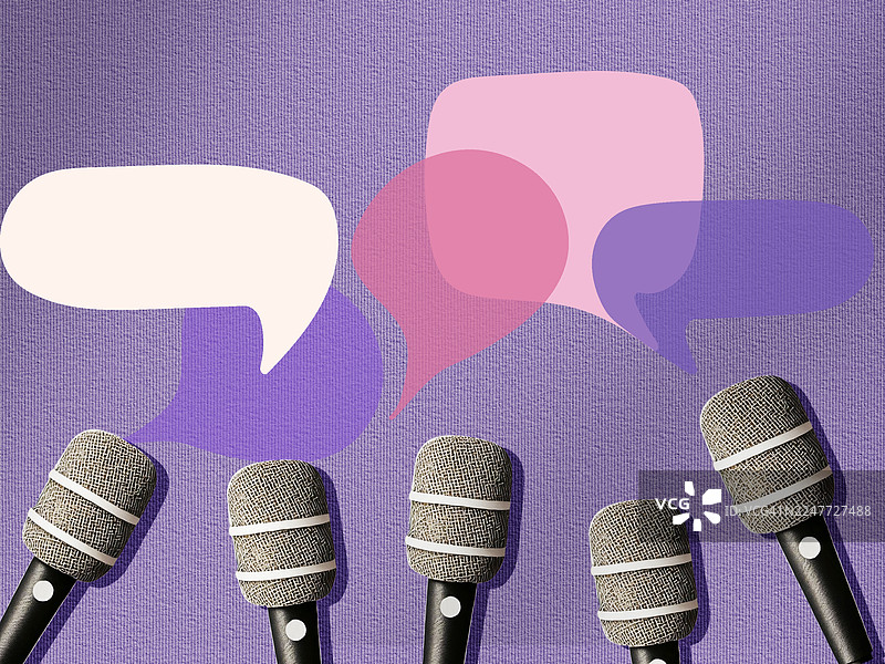 复古录音棚麦克风插画，位于底部，背景为浅紫色纹理。图片素材