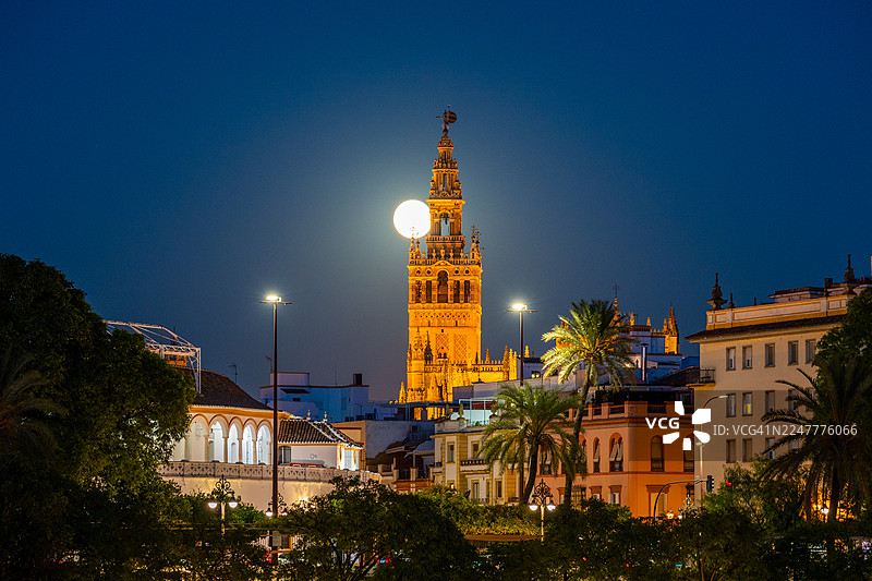夜空中挂着满月的塞维利亚大教堂钟楼，西班牙图片素材