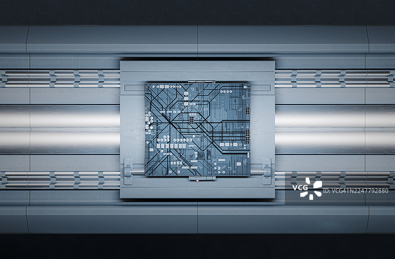高科技服务器舱内的高级主板，带有电路图案和金属面板图片素材