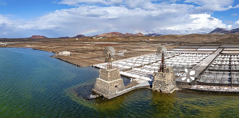 西班牙加那利群岛亚伊萨附近萨利纳斯德贾努比奥盐矿，俯瞰贾努比奥绿色泻湖图片素材