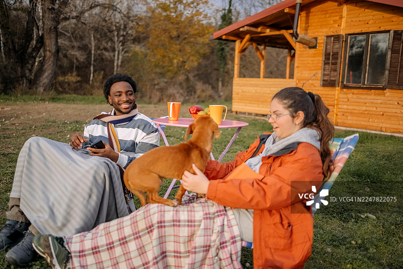 秋日暖阳下，人们在小屋前悠闲地与宠物玩耍图片素材