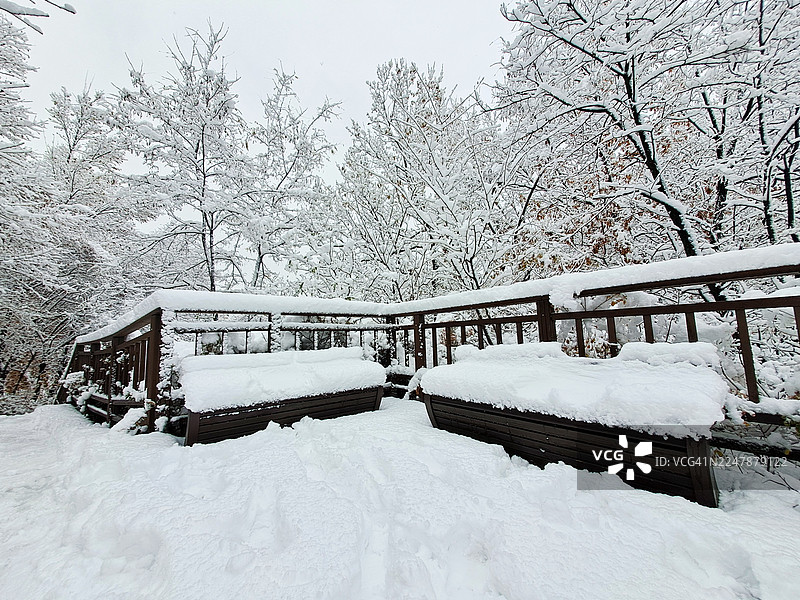 森林中覆盖着雪的木制露台和长椅图片素材