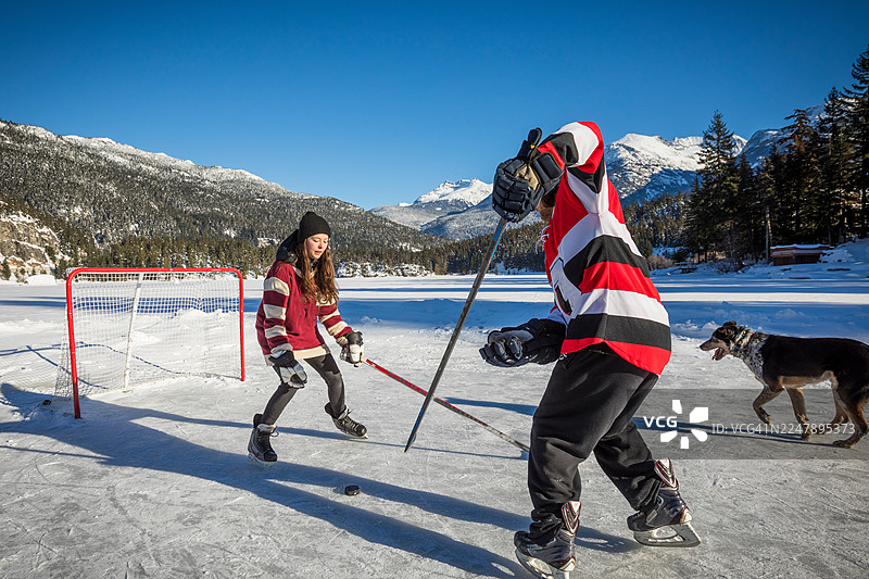 年轻男子与狗在惠斯勒的池塘上打冰球图片素材