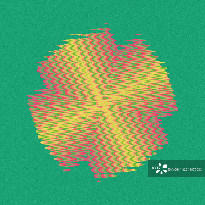 绿色背景上抽象的故障风格图案，带有鲜艳的黄色和粉红色调。明亮的黄粉色调与纯绿色背景融合。该设计模仿了数字失真效果，带有波浪形、像素化的线条，营造出一种...图片素材
