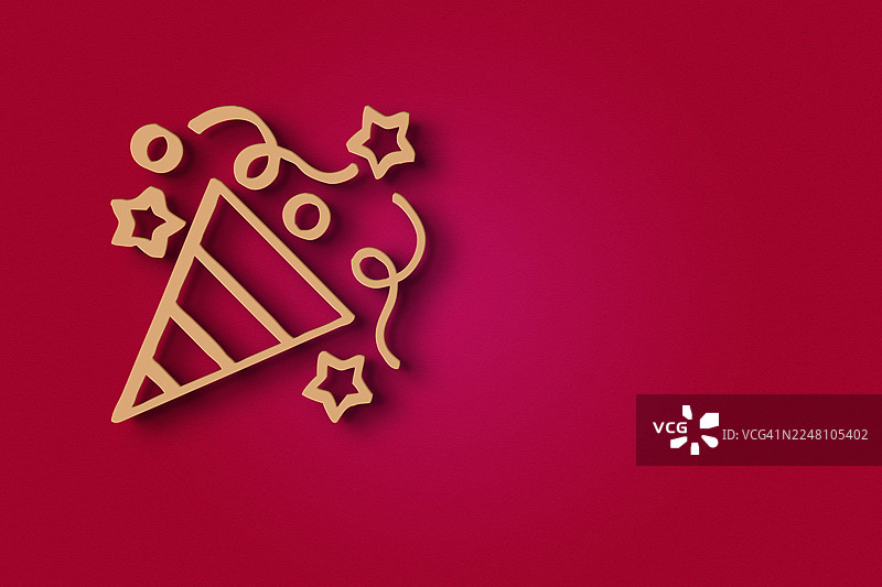 派对帽和彩纸屑。带有剪纸效果的图标，背景为红色。图片素材