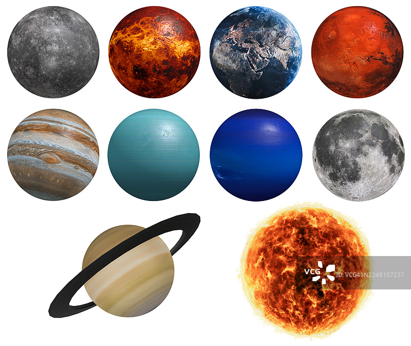 太阳系行星与太阳的合集，白色背景图片素材