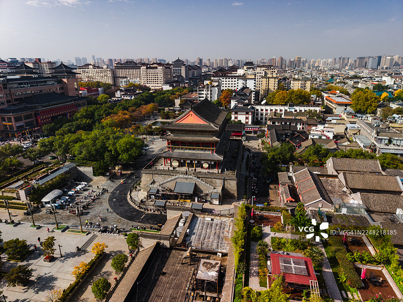 西安钟楼的鸟瞰图，周围环绕着传统和现代建筑图片素材