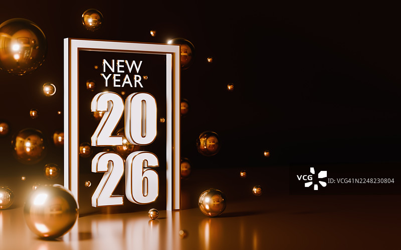 闪亮的球体金色新年快乐2026图片素材