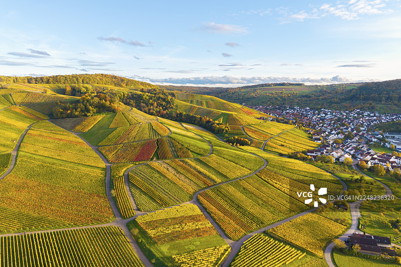 秋季，德国巴登-符腾堡州，Remstal地区的Strümpfelbach附近，五彩斑斓的葡萄园和邻近村落的全景图，秋季图片素材