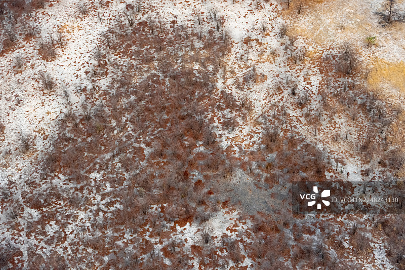 博茨瓦纳奥卡万戈三角洲马翁附近干旱稀树草原景观，航拍图片素材