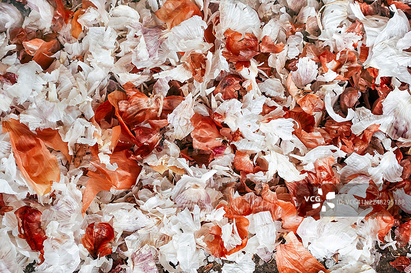 集市地面上的大蒜和洋葱皮图片素材