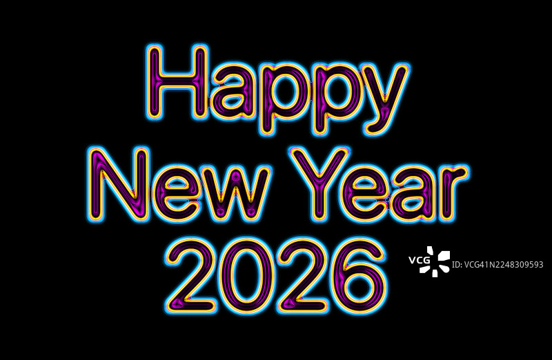 霓虹灯招牌风格的2026新年快乐，文字为黄色、蓝色和紫色图片素材