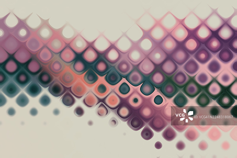 几何圆点图案背景：柔和的粉彩渐变。一个抽象背景，以柔和的粉色、紫色和青色的粉彩调，动态地排列着重叠的几何圆点。图片素材