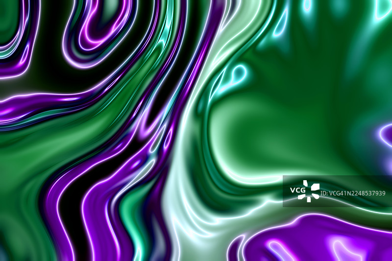 闪亮的绿色与紫色抽象背景：流体波浪图案。迷人的抽象背景，拥有鲜艳的绿色和紫色调的流动、光泽波浪。图片素材