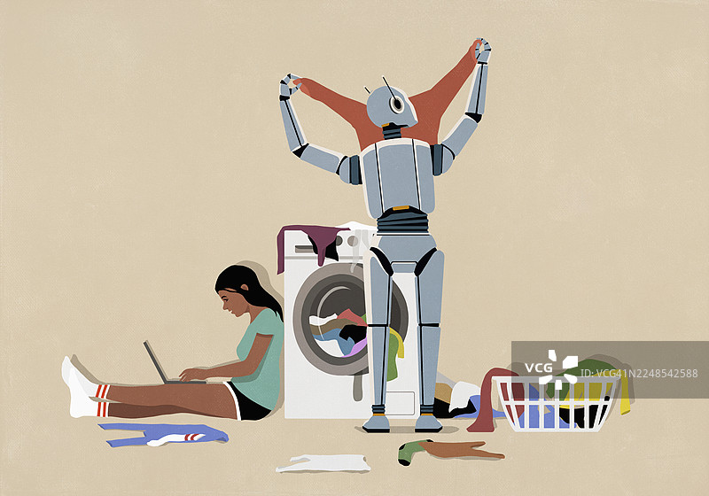 人形机器人正在烘干机旁叠衣服，旁边一个十几岁的女孩在使用笔记本电脑图片素材