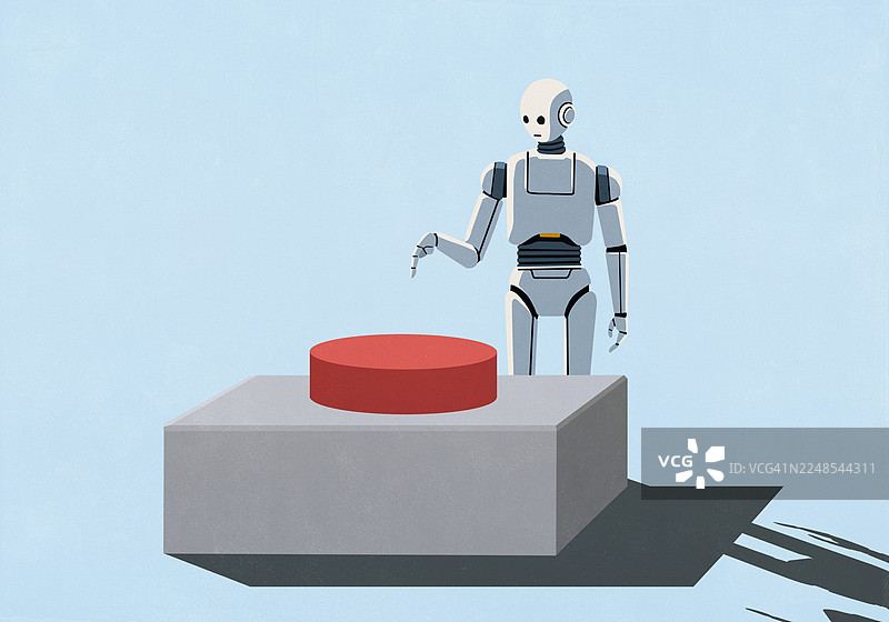 人形机器人即将按下巨大的红色紧急按钮图片素材