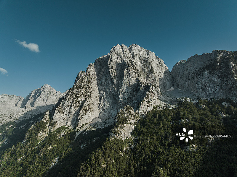 无人机照片，展示了夏日山区Theth，Shkodër县，阿尔巴尼亚图片素材