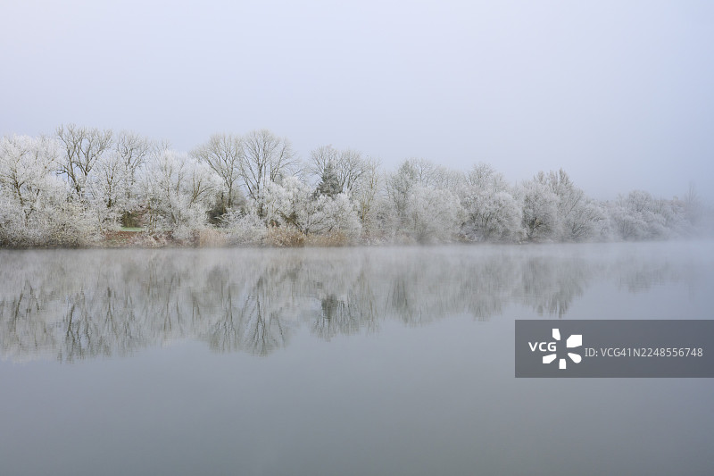 雾气笼罩的河流中静静倒映着树木的雪景,挂满白霜,冬季,博克斯塔尔,美因-陶伯区,巴登-符腾堡州,以及施塔特普罗策尔滕,多夫普罗策尔滕,美因河,施佩萨尔特,巴伐利亚州,德国图片素材