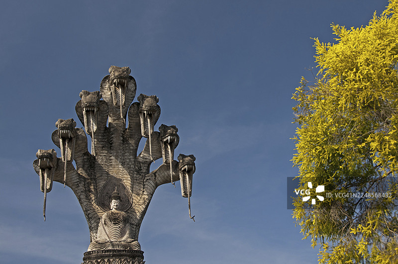 泰国廊开府，也称萨拉凯库雕塑公园的Wat Khaek，描绘了佛陀在高耸的七头那伽蛇保护下冥想的宏伟景象。图片素材