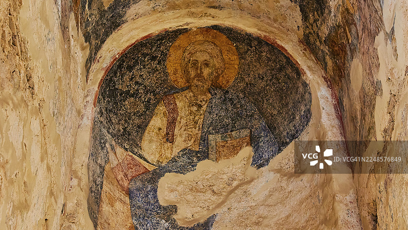 圣索菲亚教堂（14世纪），耶稣赐予生命壁画，米斯特拉，联合国教科文组织世界遗产，拜占庭中世纪遗址，斯巴达西北部，泰格托斯山脉山麓，伯罗奔尼撒半岛，希腊图片素材